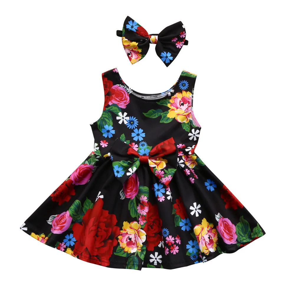 Детская одежда для маленьких девочек; нарядные платья принцессы с цветочным принтом и бантом; комплект из 2 предметов; платье-пачка+ повязка на голову с цветочным принтом; вечерние платья