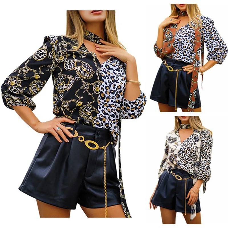 2019 ЛИВА девушка новые женские рубашки Мода leopard брелок печати 3/4 рукав v-образным вырезом рубашка s7