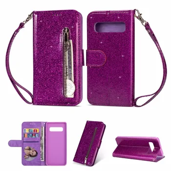 

100pcs/lot Glitter Zipper bag leather phone case cover for samsung galaxy S6 S6 edge S7 S7 edge S8 S9 plus S10 lite plus cover