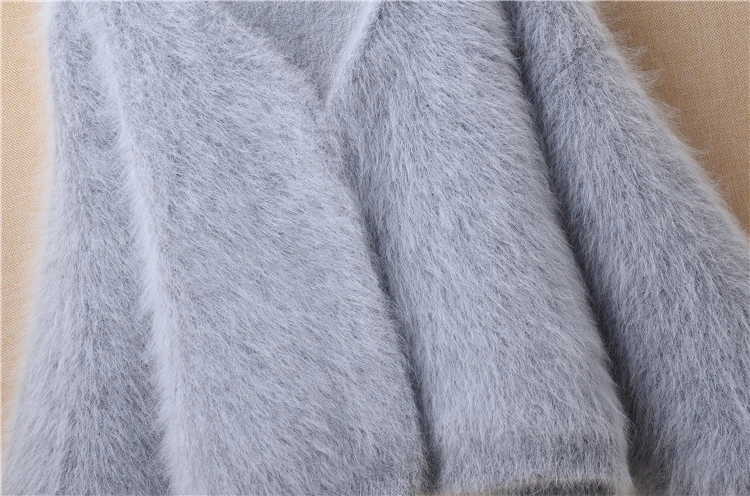 Женский элегантный зимний короткий модный Свободный плюшевый кашемировый кардиган с v-образным вырезом и длинными рукавами-фонариками из Ангорского меха