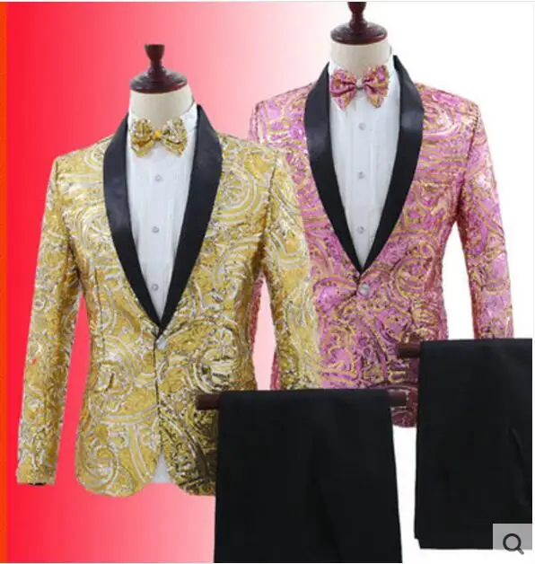 

Sparkly Sequins Pattern Blazer Trousers Wear 2 Colors Men's Slim Suit Set Nightclub Bar Host Clothes Men Singer Team Show Outfit