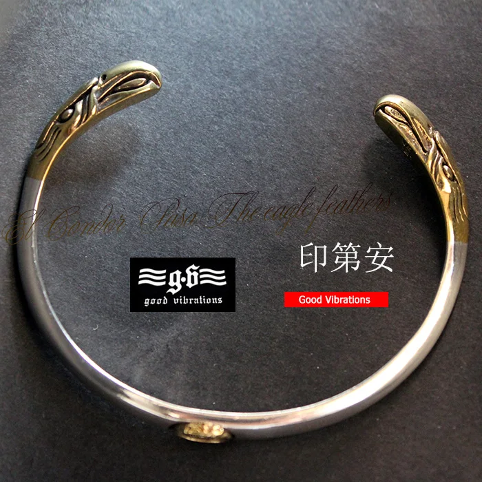 

Indian Golden Eagle style Good Vibrations genuine sterling silver bracelet men opening silver