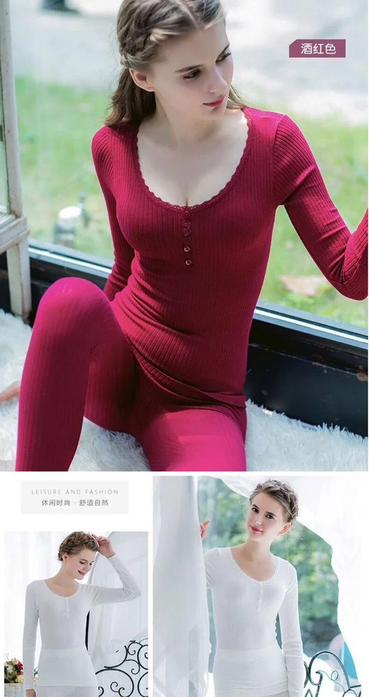 Autumn Winter Cotton Sexy Thermal Underwear Sets for Women Warm Long Johns Body Shaper Sleepwear Slim Intimate Pajamas Suit