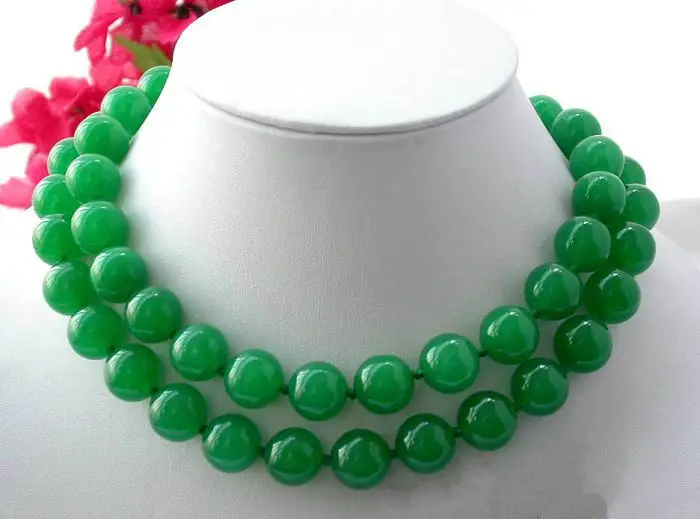 FREE SHIPPINGHUGE 33" 12MM ROUND GREEN Natural stone BEAD NECKLACE