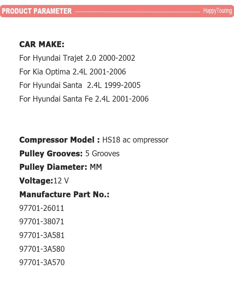 HS18 AC компрессор для hyundai Santa Trajet для Kia Optima 97701-26011 97701-38071 97701-3A581 97701-3A580 97701-3A570