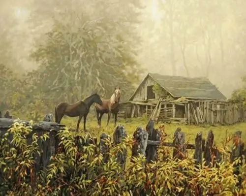 

Hand-painted oil Painting Early morning Farm animal Horse