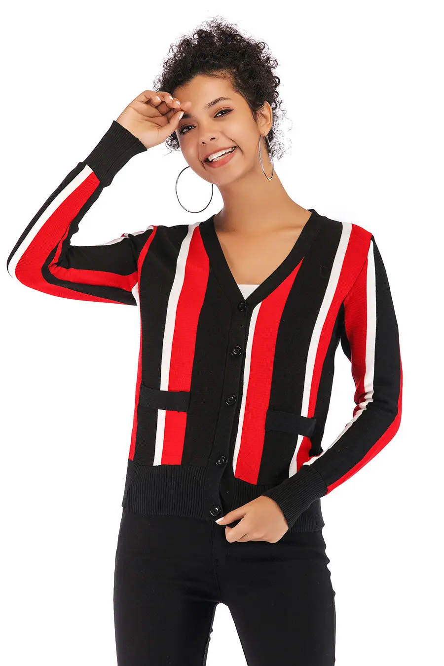 Gladiolus 2018 Autumn Winter Knitted Sweater Women Long Sleeve V-Neck Singer Breasted Pocket Striped Cardigan Women Sweater Tops (21)