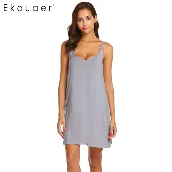 

Ekouaer Women Nightdress Casual Solid Sleepwear Sleeveless Halter Neck Strap Nightgowns Nightwear Sexy Female Home Clothing