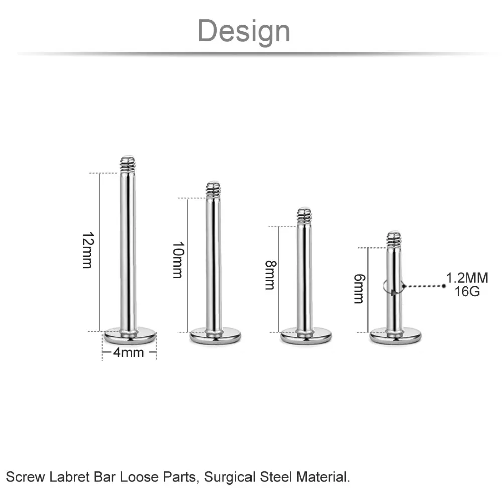 10 шт./лот нержавеющая сталь 316L Labret бар часть винт с резьбой головки 16 Калибр 6 8 10 12 мм размер для губ пирсинг ювелирные изделия для тела PLP06