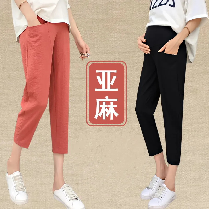 

3120# 9/10 Thin Linen Maternity Short Pants Summer Vintage Casual Clothes for Pregnant Women Ajustable Belly Pregnancy Trousers