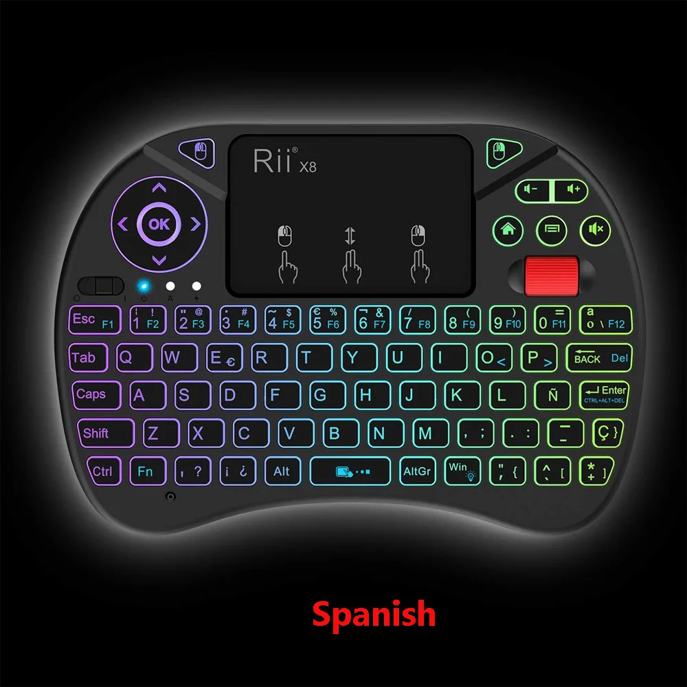 Beste Originele Rii X8 Rgb Backlit Draadloze Mini Toetsenbord I8x 2.4G Fly Air Mouse Russisch Spaans Touchpad Gaming Voor Android tv Box Pc