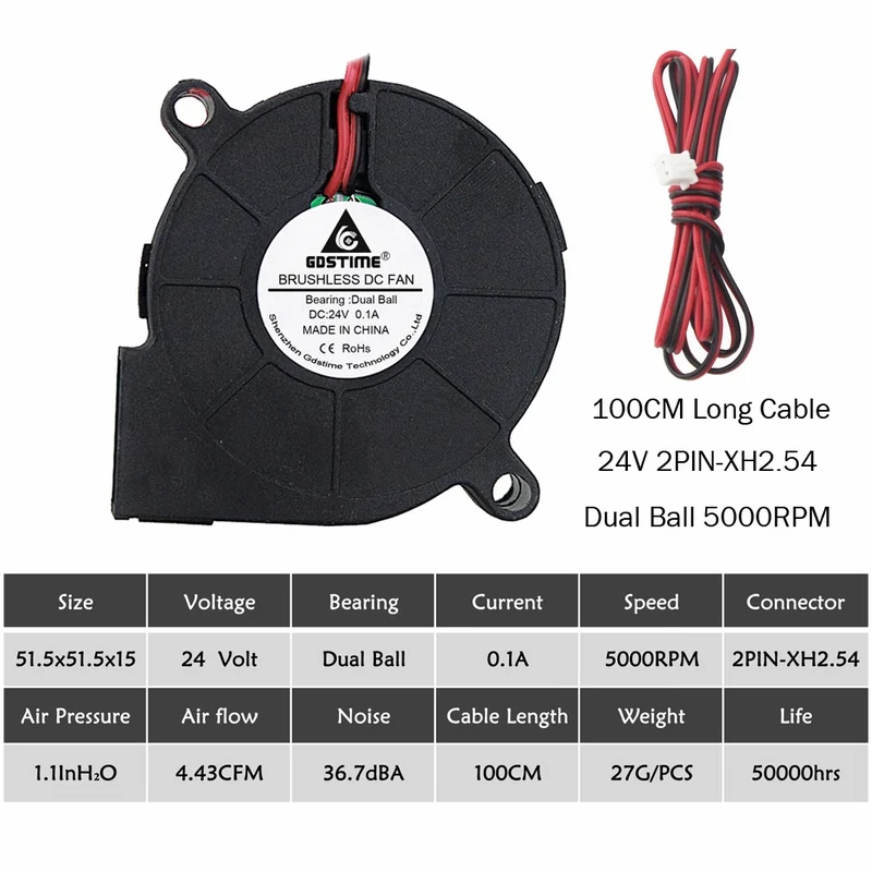 2 шт. Gdstime 5015 50 мм DC 24 в 12 В 5 В 2Pin шариковый/втулка подшипник бесщеточный охлаждения турбины вентилятор 50 мм x 15 мм Вентилятор Кулер - Цвет лезвия: 24V Ball 100CM Cable