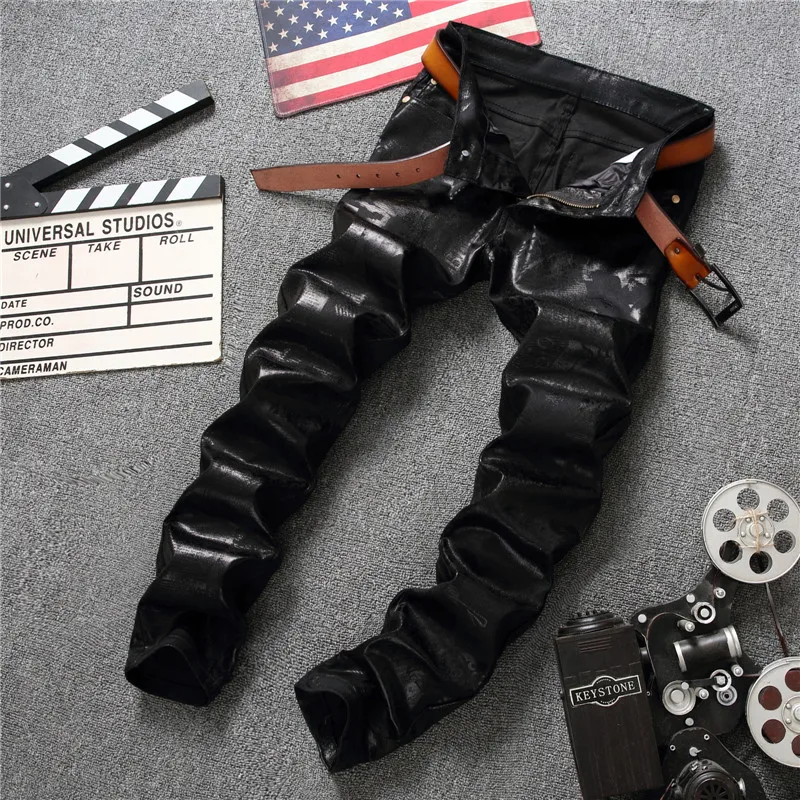 

2019 European Style 3D Glossy Printing Jeans Men Denim Pant Black Slim Fit Fashion Designer Jeans Fashion Nightclub PU Trousers
