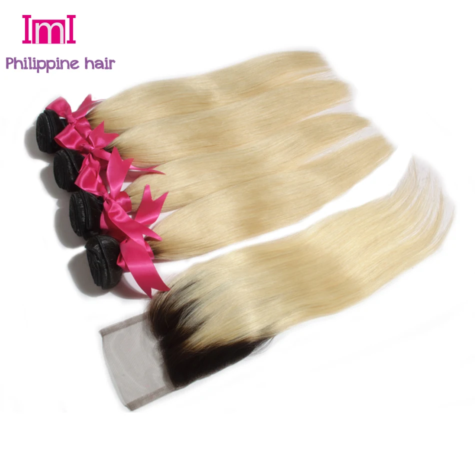 Philippine Ombre Hair Extensions With Closure Straight Ombre Hair Bundles With Middle/Free Part