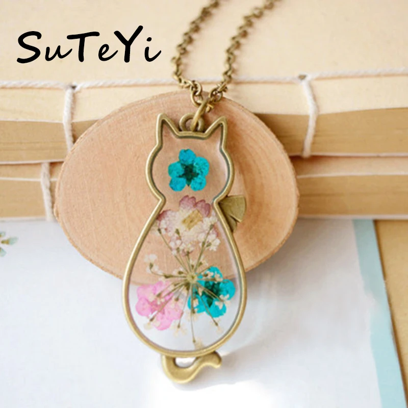 

SUTEYI Retro Handmade Cat Necklace Natural Dried Flowers Necklaces & Pendants For Women Vintage Jewelry Bijoux Femme GH-N1
