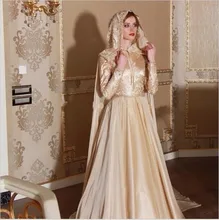 Muslim Champagne Evening Dresses Appliques Lace With Hijab Long Wrap High Neck Long Sleeve Turkish Party Dresses Robe De Soiree