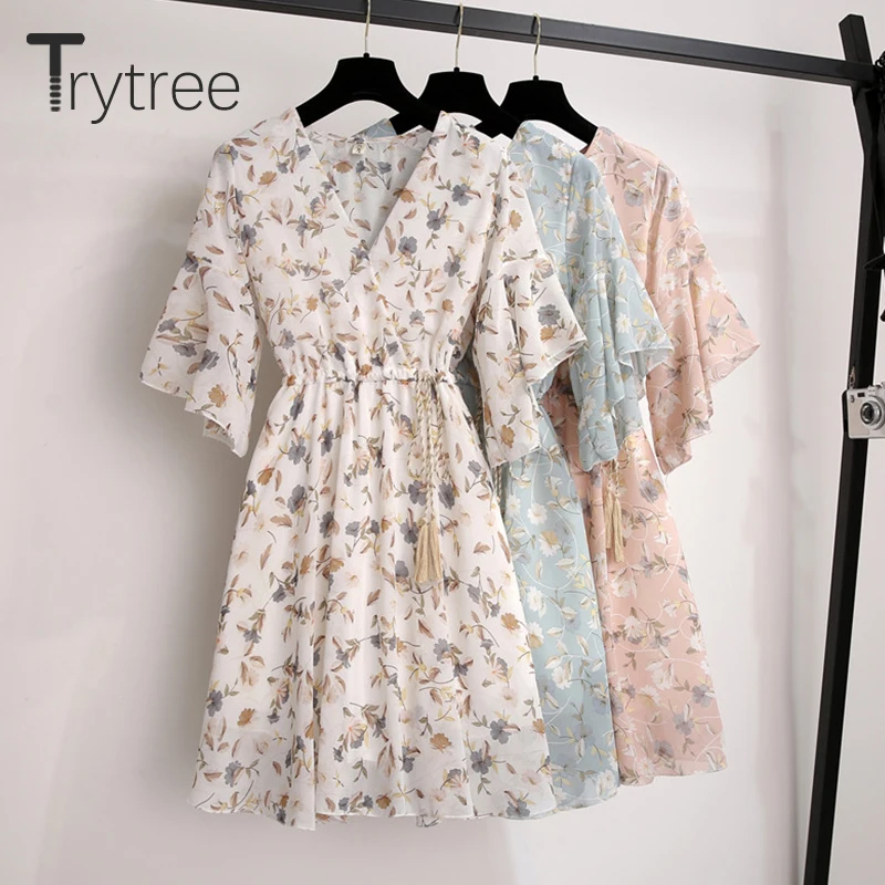 

Trytree Summer Casual Dress Women Print Floral Butterfly Sleeve Drawstring Belt dresses V-Neck A-Line Mini Vacation style Dress