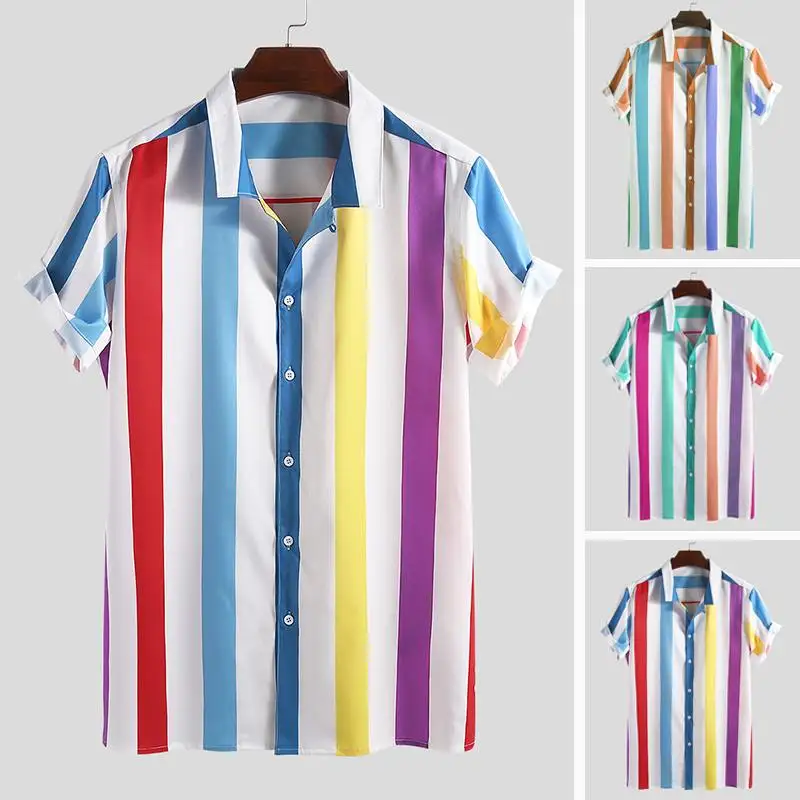 

Colorful Striped Hawaiian Shirt Men Short Sleeve Button Lapel Neck Blouse Vacation Summer Men Caual Shirts Streetwear 2019 3XL