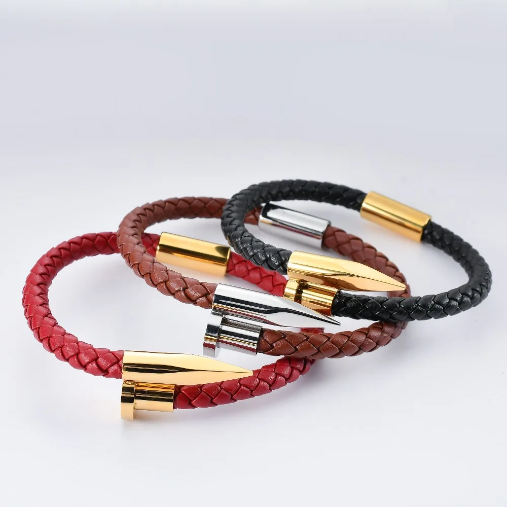 J.K Male Femme Genuine Leather Nail Cuffs Bracelet stainless steel