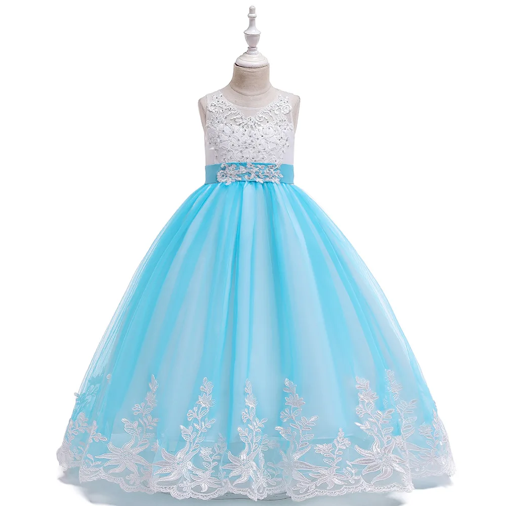 

Hot Sale Ballgown Sky Blue Lace Appliques Kids Formal Wear Flower Girls Dresses for Wedding Tulle Long Girls Birthday Dresses