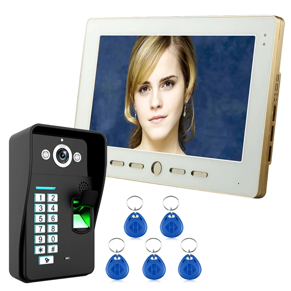 10\ Lcd Fingerprint Recognition RFID Password Video Door Phone Intercom System kit With IR Camera 1000 TV Line