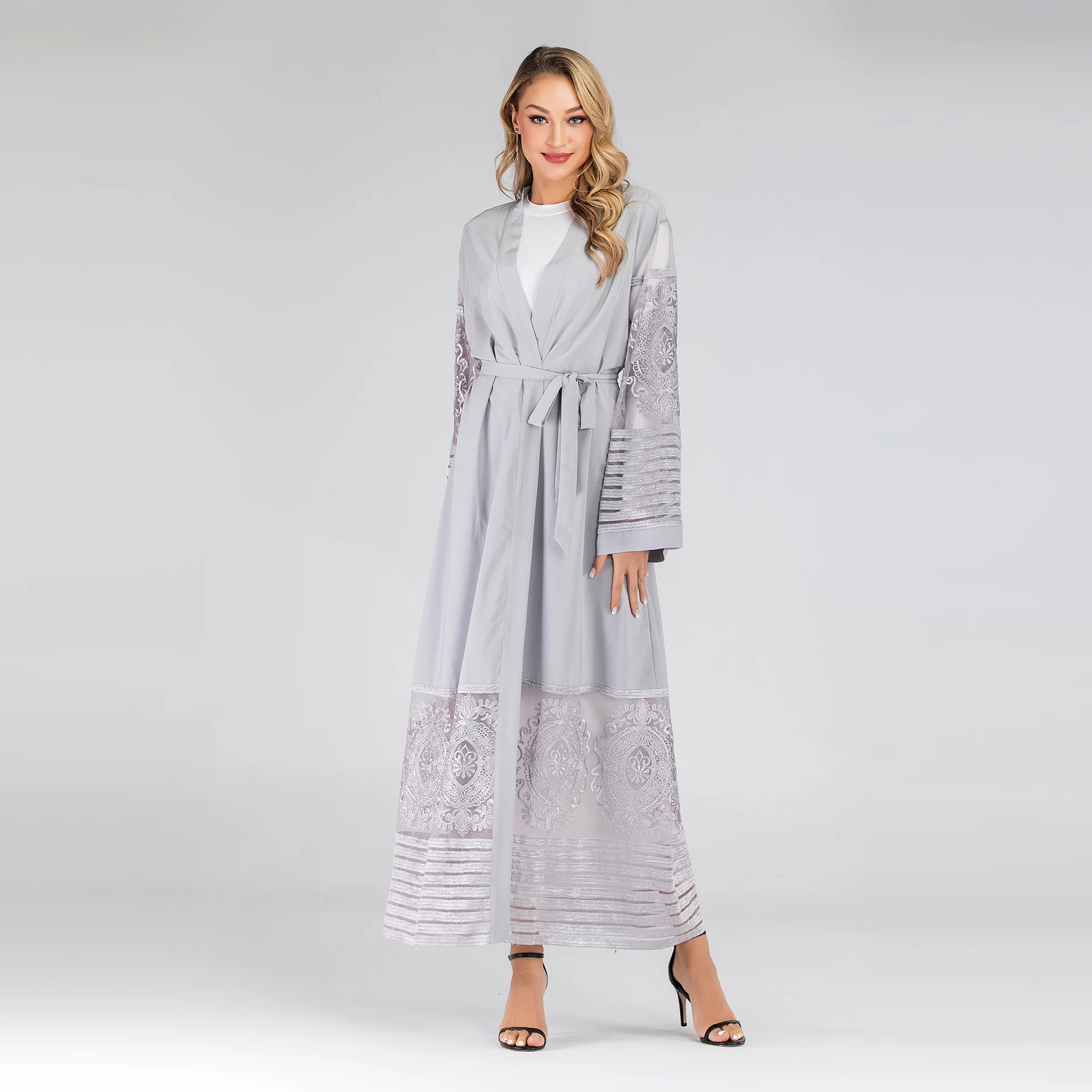 Женское модное мусульманское платье абайя одежда сетчатая с вышивкой цветы исламское платье Дубай, Турция открытое кимоно абайя Восточный