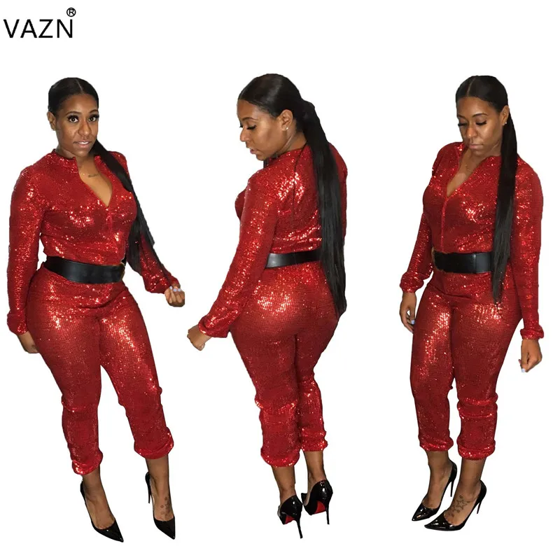 VAZN 2019 Новое поступление сексуальный v-образный вырез длинный рукав Длинные Комбинезоны женские с блестками однотонные Комбинезоны женские
