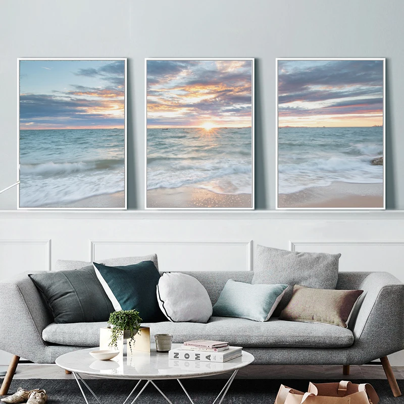

Wall Art Canvas Paintings 3 Panel Seascape Sunset Beach Wave Modular Pictures Printed Poster Living Room Home Decoration Frame