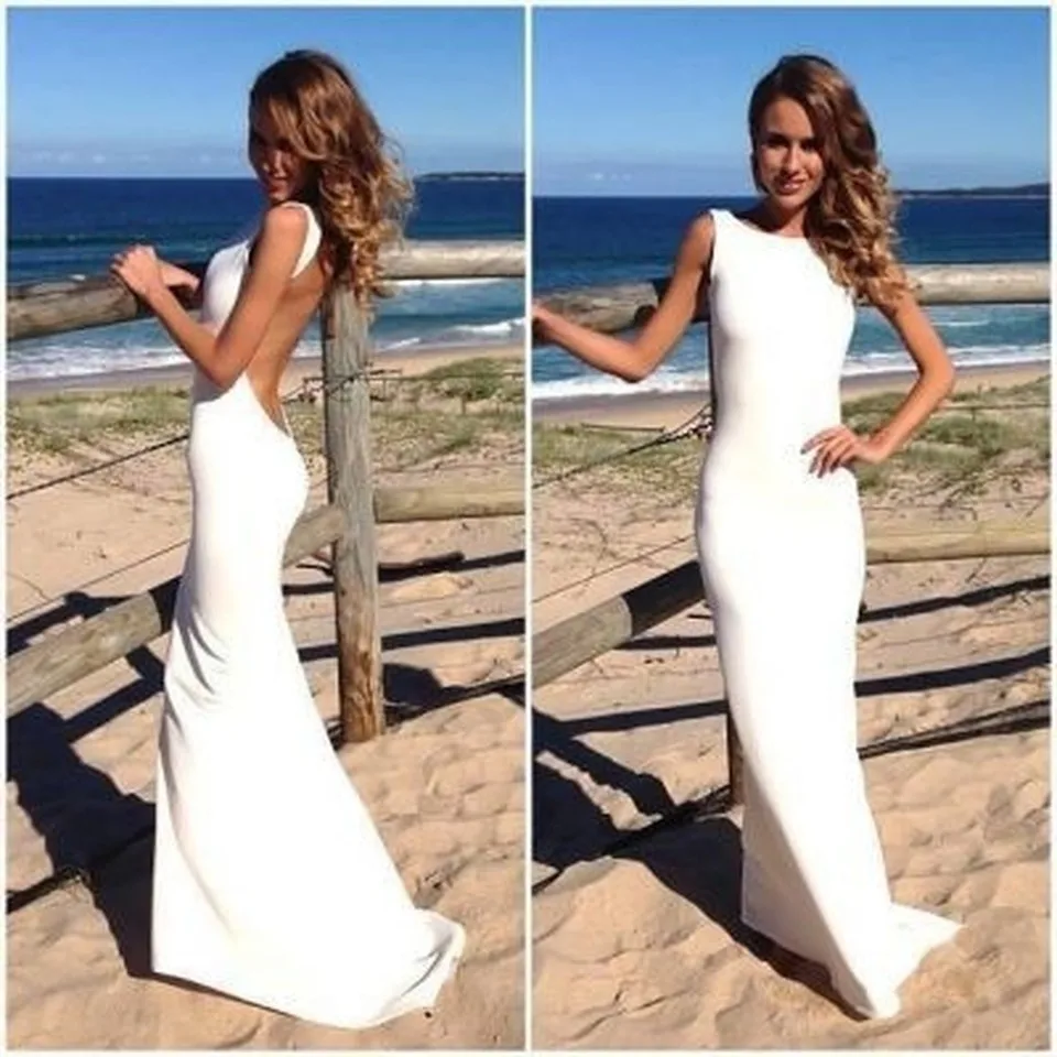 

Cheap 2016 Evening Dresses White Jewel Mermaid Sweep Train Sexy Open Back Gowns Maxi Long Formal Dress Fashion Vestidos
