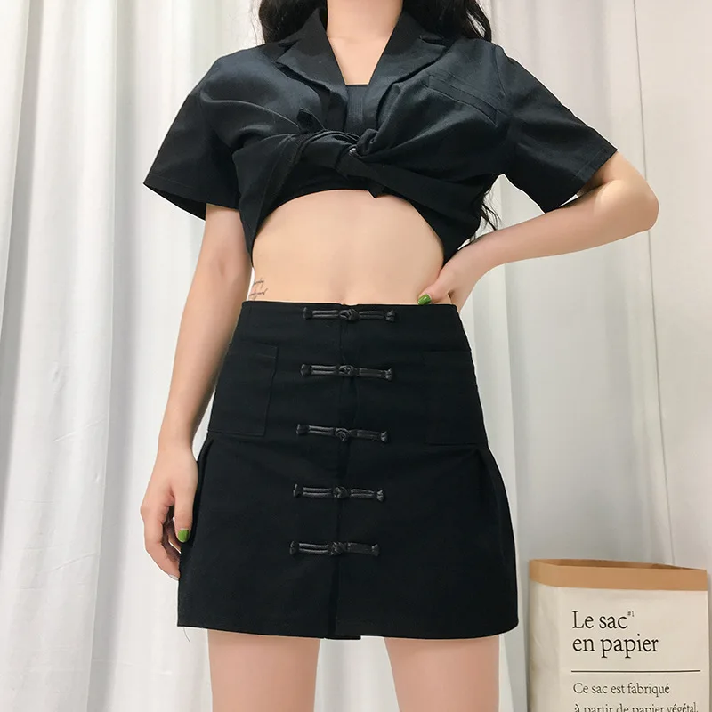 

YYXZ Woman Sets Summer Chinese Buttons Cotton Fashion Slim SML Woman Casual Short sets Short Sleeve jacket & High Waist Skirt