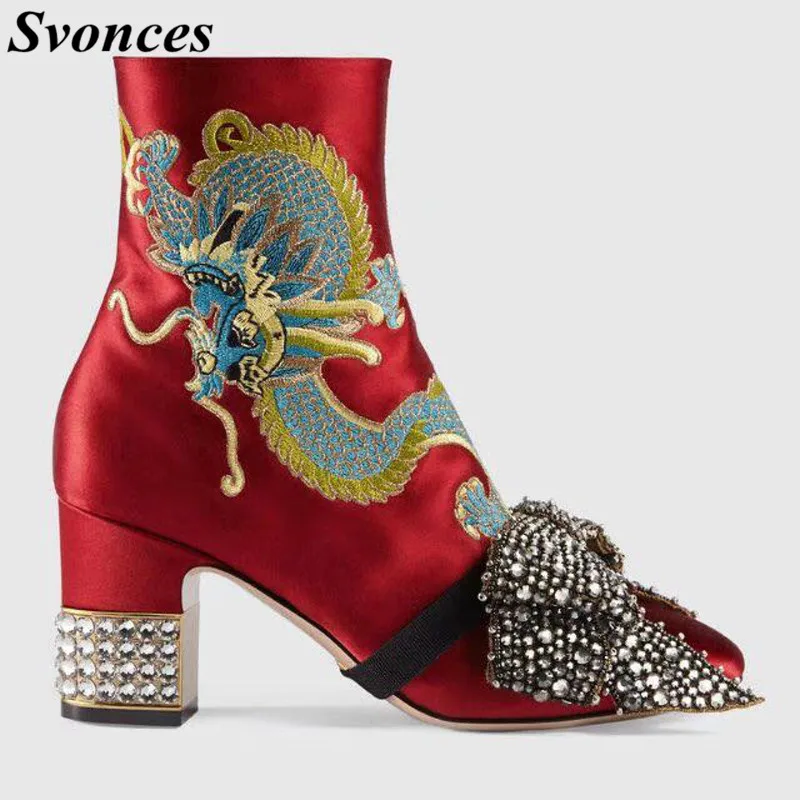 

Trendy Celebrity Red Silk Women Ankle Boots Dragon Embroidery Chunky Heels Women Shoes Autumn Winter Satin Crystal Bowtie Boots