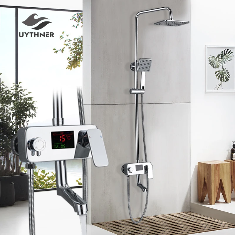 Details about   Shower Facuet Set Digital Display Square Rain Shower Head Wall Mounted Mixer Tap 