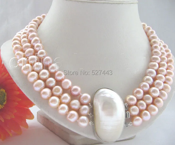 

Wholesale free shipping >>Beautiful 17-19" 3row 10mm pink round freshwater pearl necklace - shell clasp