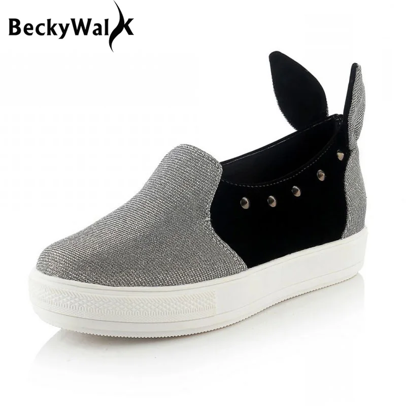 

New Cartoon Loafers Women Shoes Rabbit Ears Rivets Casual Shoes Woman Princess Girls Shoes Ladies Flats Plus Size 34-43 WSH2251