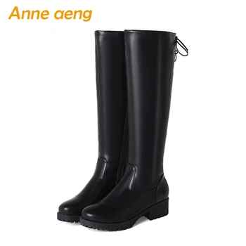

2019 New Winter Women Knee-High Boots Middle Square Heels Round Toe Classic Sexy Ladies Women Shoes Black Snow Motorcycle Boots