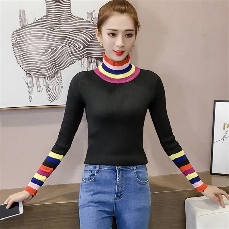 Women Pullover Sweater 2018 Autumn Winter New Half High Collar Rainbow Striped Sweater Female Korean Short Slim Sweaters XY708 Women Pullover Sweater 2018 Autumn Winter New Half High Collar Rainbow Striped Sweater Female Korean Short Slim Sweaters XY708