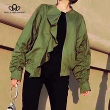 Bella Philosophy Весенняя женская зеленая однотонная Повседневная куртка с круглым вырезом, свободные оборки, Женская куртка на молнии с длинным рукавом, Женская куртка