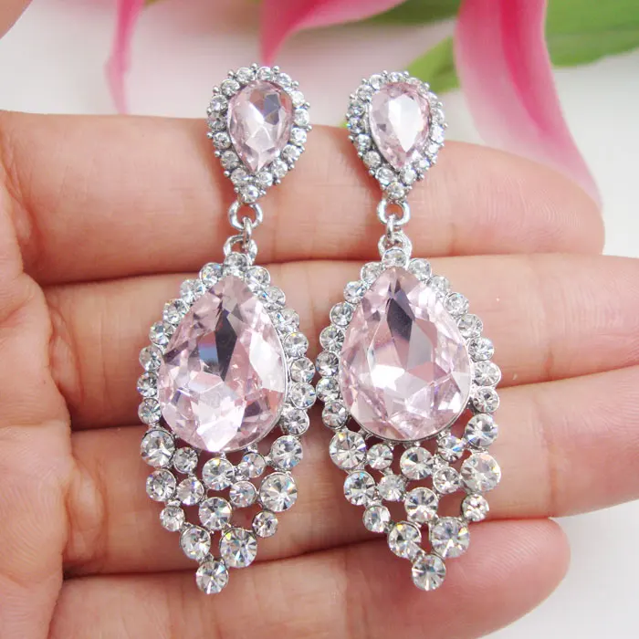 

Silver Color Pretty Austrian Crystal Wedding Teardrop Earrings Pink