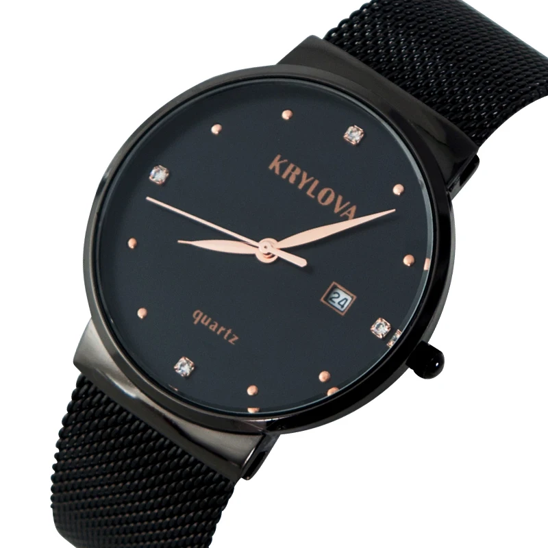 KRYLOVA Fashion Womens Watches Top Brand Luxury Quartz Watch Men Casual Slim Mesh Steel Waterproof Sport Watch Relogio Masculino