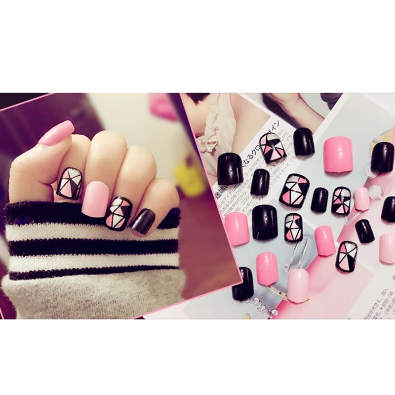

24Pcs/Set Black + Hot Pink Acrylic Nail Tips Short False Nails Art Fingernails