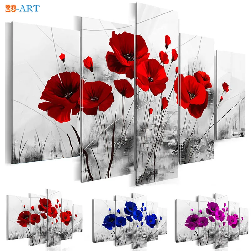 

Dark Red Blue and Purple Poppies Flowers Prints Poster Canvas Painting 5 Panel Modern Black Wall Art for Bedroom Home Decor