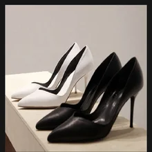 New spring and summer women’s black professional white shoes white pointy high heels OL white-collar sexy mid-sole shoes