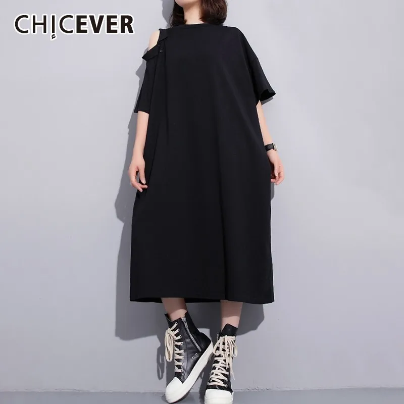 

CHICEVER Summer Solid Dress For Women O Neck Short Sleeve Oversized Hollow Out T Shirt Dresses Female Fashion Clothes 2019 New
