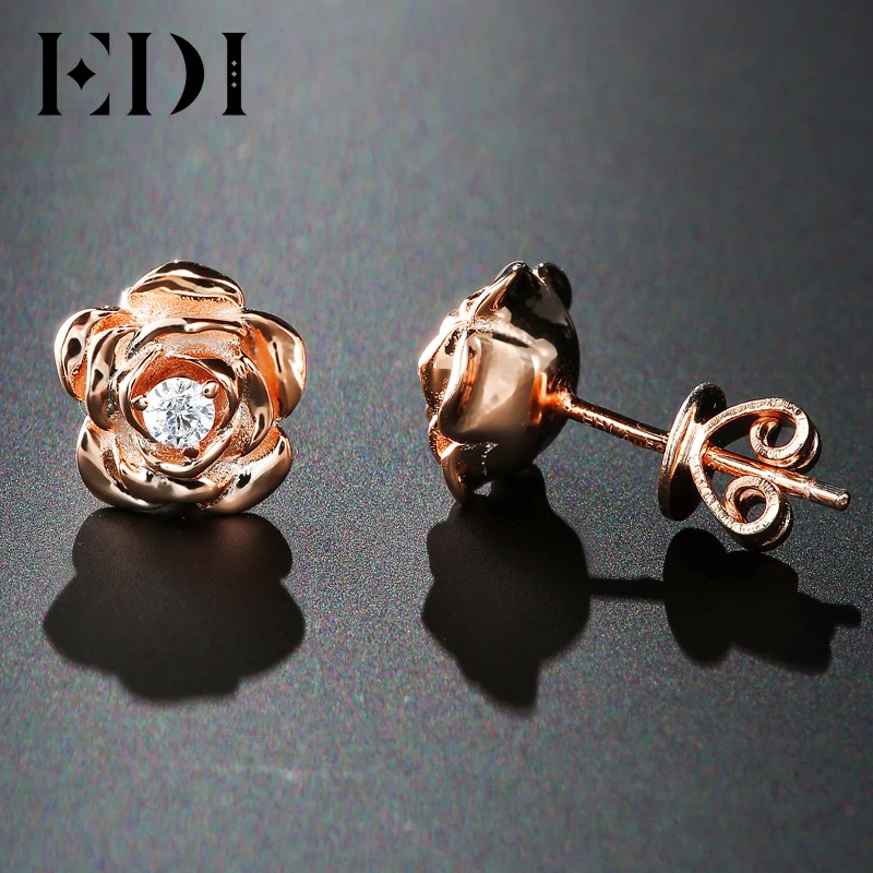 EDI Genuine Natural Diamond 14k 585 Yellow Gold Stud Earrings For Women Rose Flower Fine Jewelry