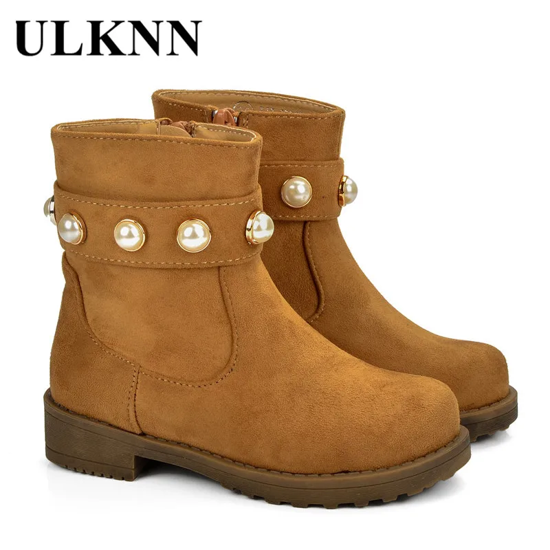 

ULKNN Snow Boots Kids Shoes Girls For Winter Boots Children Genuine Leather Shoes Warm Baby Boots Beaded Pearl Rubber Plush Fur