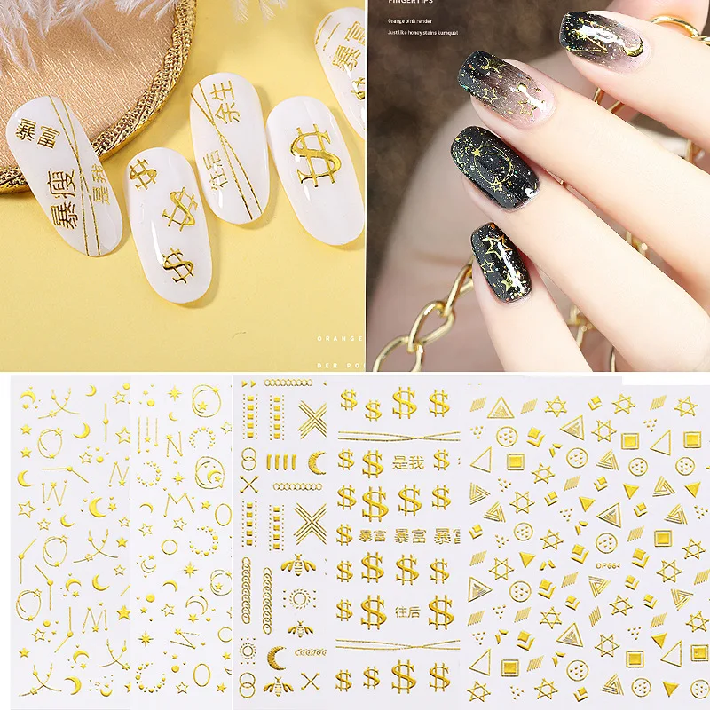 

3D Nail Art Sticker New Waterproof Decal Transfer Sticker Mix Design spider web nail stickers Gold Stripe Wave Manicure DIY Deco