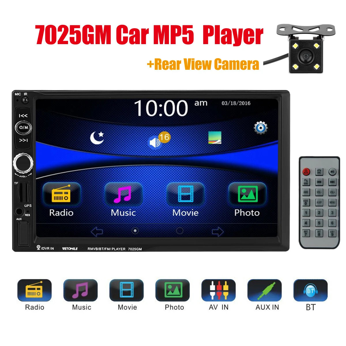 

7025GM 7'' Car MP5 Radio Player 2 Din Stereo MP3/MP5/FM Bluetooth Handsfree Mirror Link GPS Navigation RDS Rear-View Camera