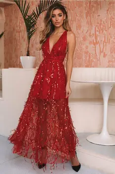 

2019 Sexy V -cut Halter Holder Backless Paillette Nightclub Dress