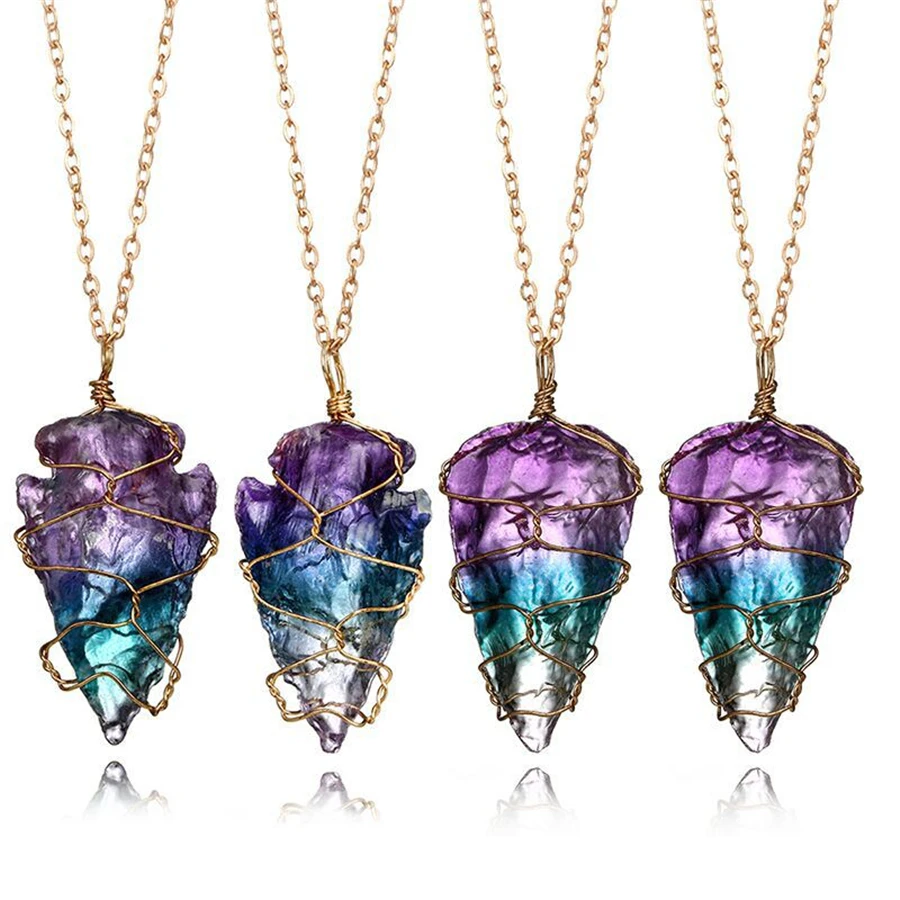 

Stylish Colorful Irregular Natural Fluorite Pendant Necklace Gold Color Chain Winding Stone Unique Design Women Healing Jewelry