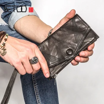 

AETOO Handmade sheepskin cell phone handbag vintage men's thin envelope wallet men's leather men's long handbag Vintage wallet